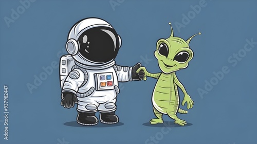 Cute Astronaut with Alien Friend - Cartoon Vector Illustration photo