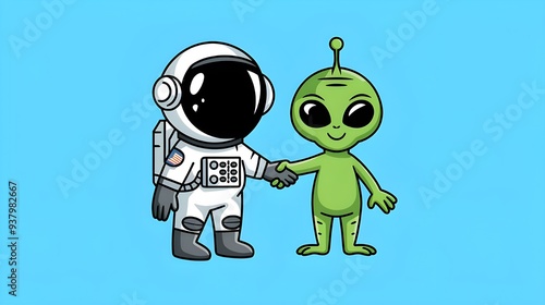 Cute Astronaut with Alien Friend - Cartoon Vector Illustration photo