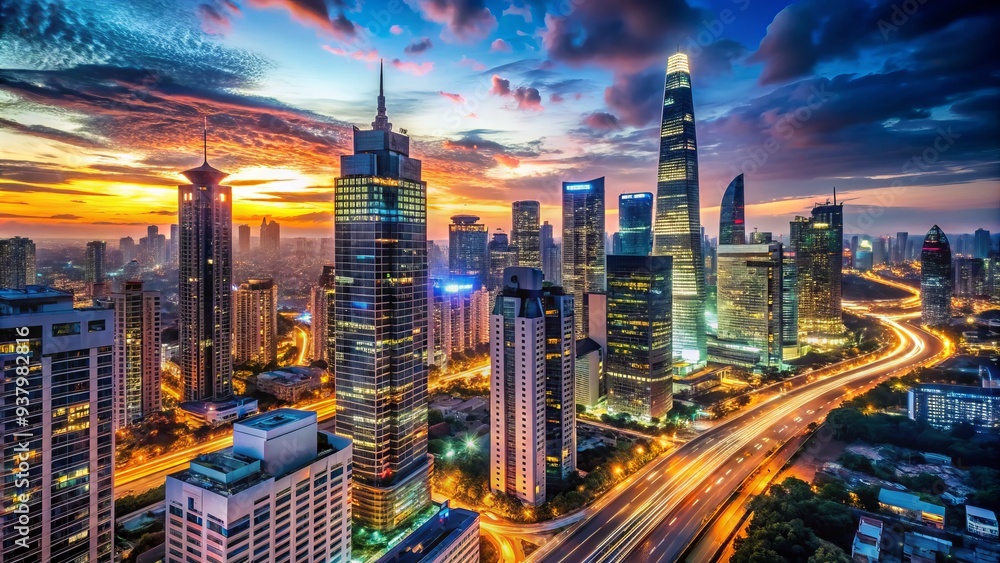 Fototapeta premium Modern urban landscape with sleek skyscrapers, busy streets, and vibrant nightlife, blending into a seamless, futuristic cityscape with infinite possibilities and opportunities.