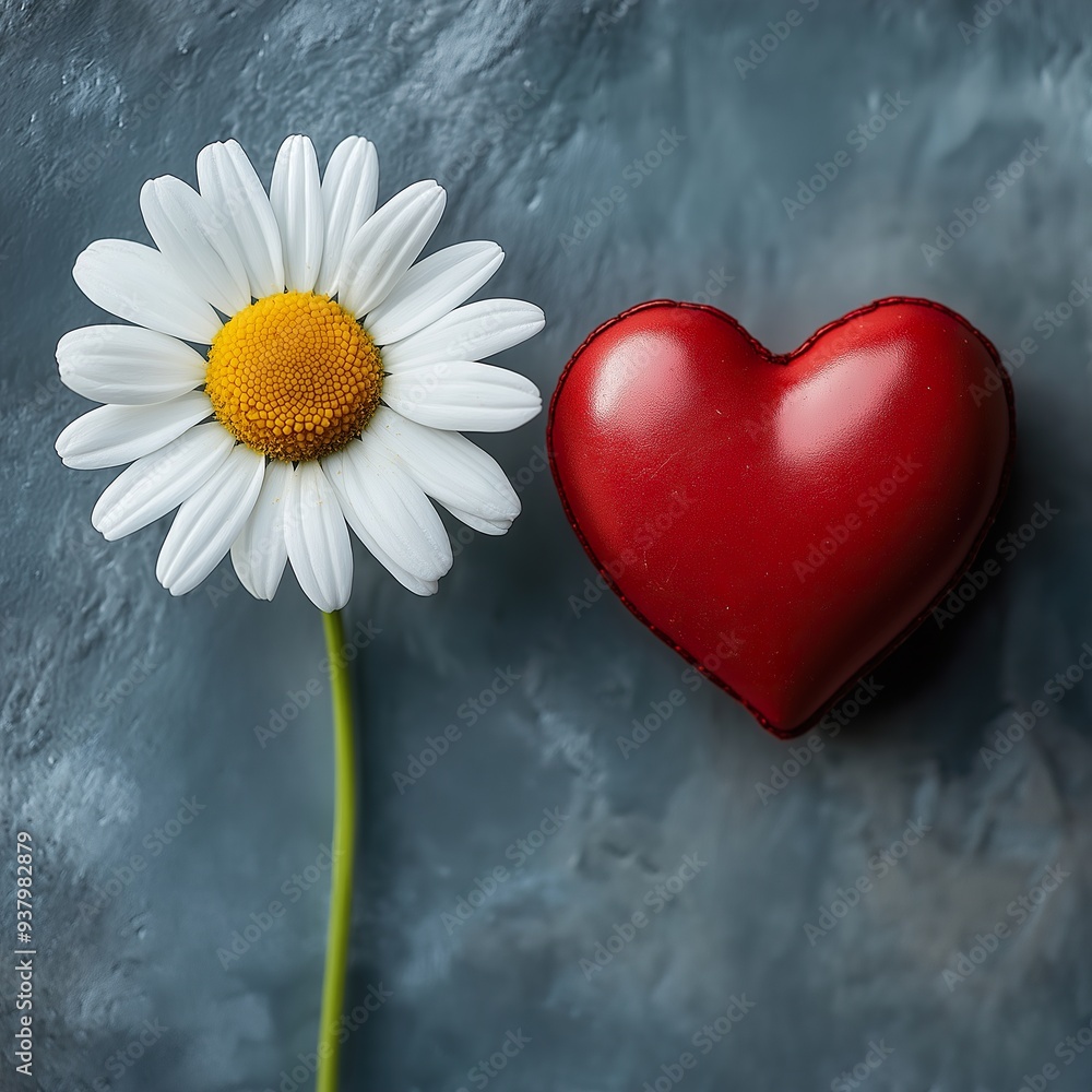 Obraz premium A single daisy flower with white petals and yellow center beside a red heart on a beige textured background, symbolizing love and simplicity, isolated, macro shot, nature, floral, romantic