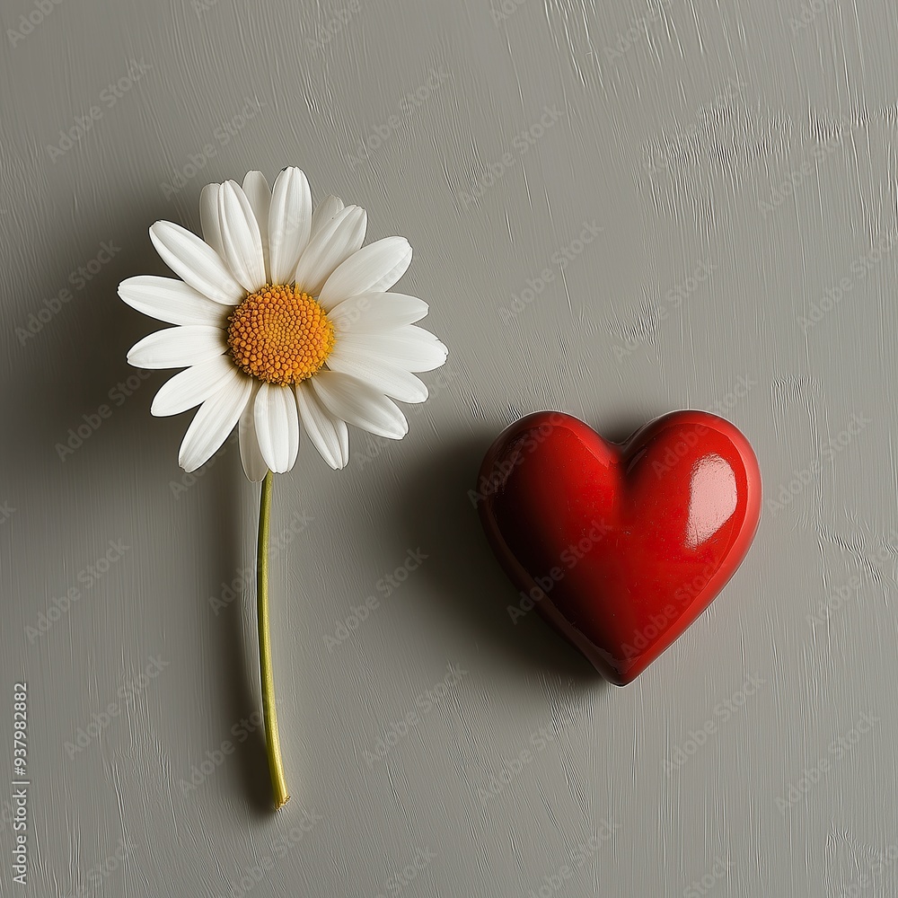Obraz premium Single white daisy with yellow center next to red heart, neutral beige background, symbolizing love and purity, nature, floral, romance, isolated object, high quality, close-up photography