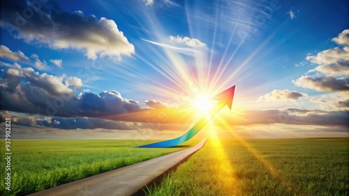 A brightly colored arrow stretches across a vast, sunlit landscape, symbolizing forward momentum and progress, against a blue sky with wispy white clouds. photo