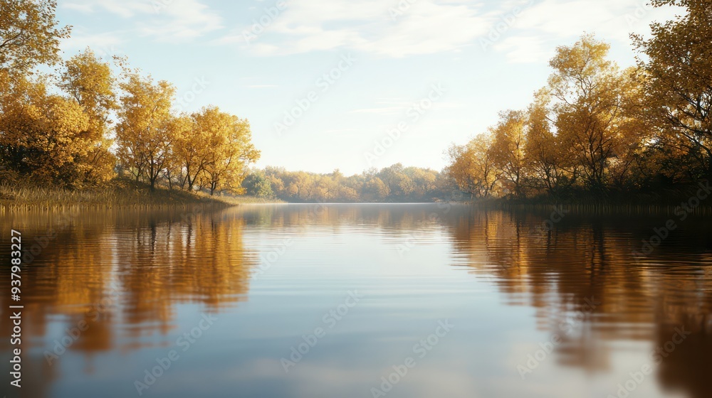 A serene lake with trees in the background. The water is calm and the trees are in full autumn color A serene lake with trees in the background. The water is calm and the trees are in full autumn color