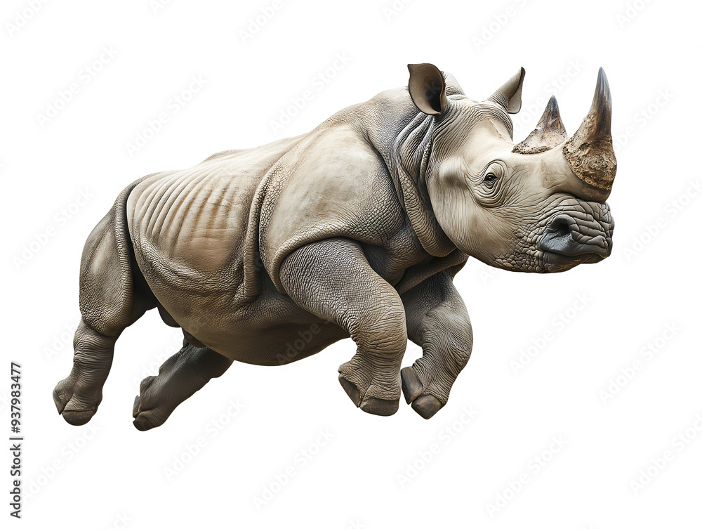 Fototapeta premium photo of a rhinoceros floating mid-air on isolated background 