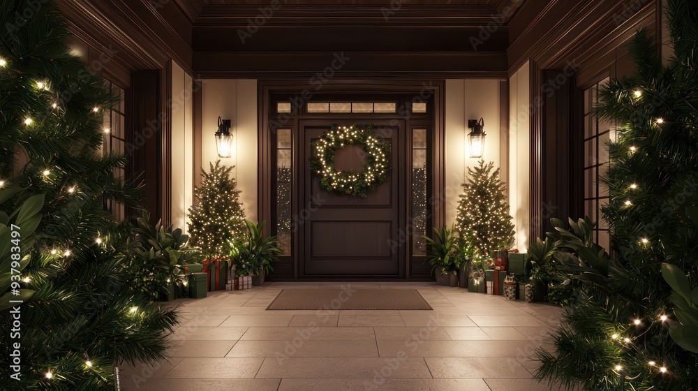 A wreath is hanging on the door of a house. The wreath is decorated with lights and the house is decorated with Christmas trees. The scene is set in a hallway with a large door leading to the house A wreath is hanging on the door of a house. The wreath is decorated with lights and the house is decorated with Christmas trees. The scene is set in a hallway with a large door leading to the house