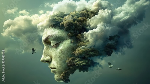 a woman's face is surrounded by clouds photo