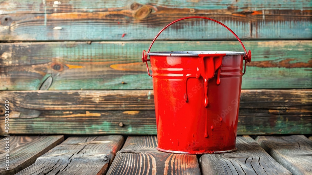 A bright red paint bucket with a metal handle and drips of fresh paint on the rim, sitting on a weathered wooden plank. A bright red paint bucket with a metal handle and drips of fresh paint on the rim, sitting on a weathered wooden plank.