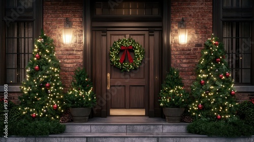 A wreath is hanging on the front door of a house with a Christmas tree in the foreground