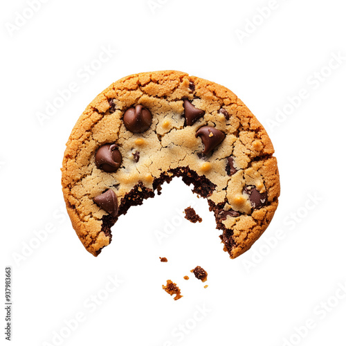 A chocolate chip cookie broken into pieces, revealing the gooey chocolate inside