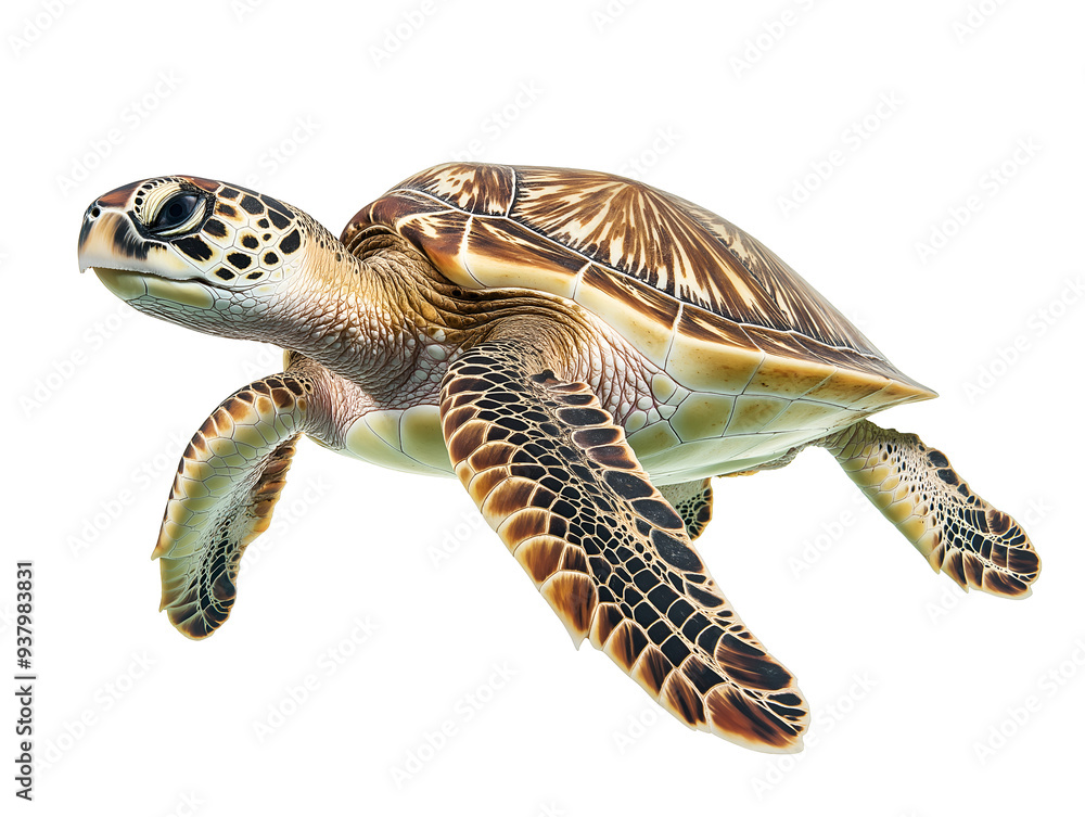 Obraz premium photo of a sea turtle floating mid-air on isolated background 