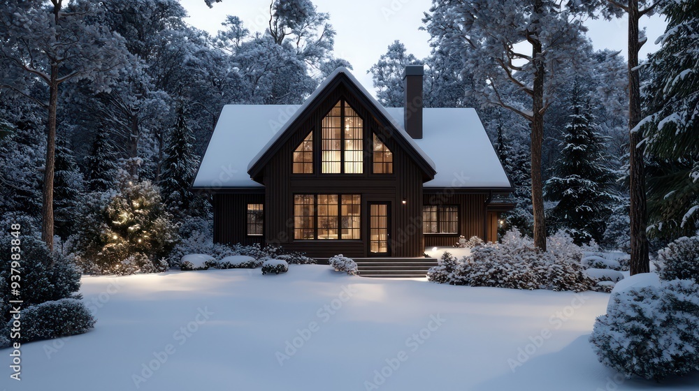 A cozy cabin in the woods with a snow-covered yard. The house is lit up, giving it a warm and inviting atmosphere A cozy cabin in the woods with a snow-covered yard. The house is lit up, giving it a warm and inviting atmosphere