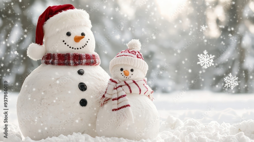 Two snowmen, one wearing a red and white scarf, stand in the snow. The scene is set in a winter landscape with snowflakes falling from the sky. The snowmen appear to be smiling, creating a cheerful Two snowmen, one wearing a red and white scarf, stand in the snow. The scene is set in a winter landscape with snowflakes falling from the sky. The snowmen appear to be smiling, creating a cheerful