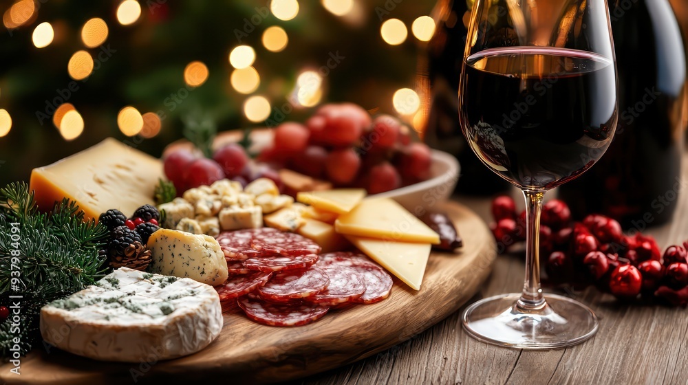A festive table with a cheese board, grapes, and a glass of red wine. Scene is warm and inviting, perfect for a holiday gathering A festive table with a cheese board, grapes, and a glass of red wine. Scene is warm and inviting, perfect for a holiday gathering
