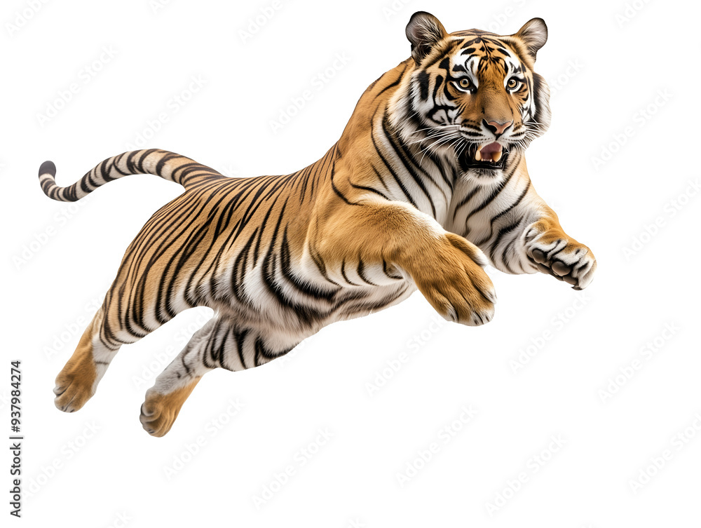 Obraz premium photo of a tiger floating mid-air on isolated background 