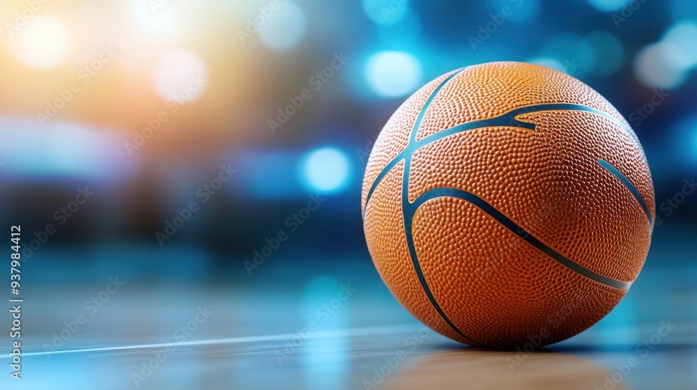 A close-up of a basketball's textured surface, with the court blurred in the background A close-up of a basketball's textured surface, with the court blurred in the background