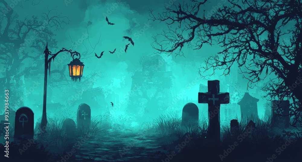 A haunting graveyard illuminated by a lantern under a ghostly blue haze, complete with tombstones and bats soaring through the night sky. A haunting graveyard illuminated by a lantern under a ghostly blue haze, complete with tombstones and bats soaring through the night sky.
