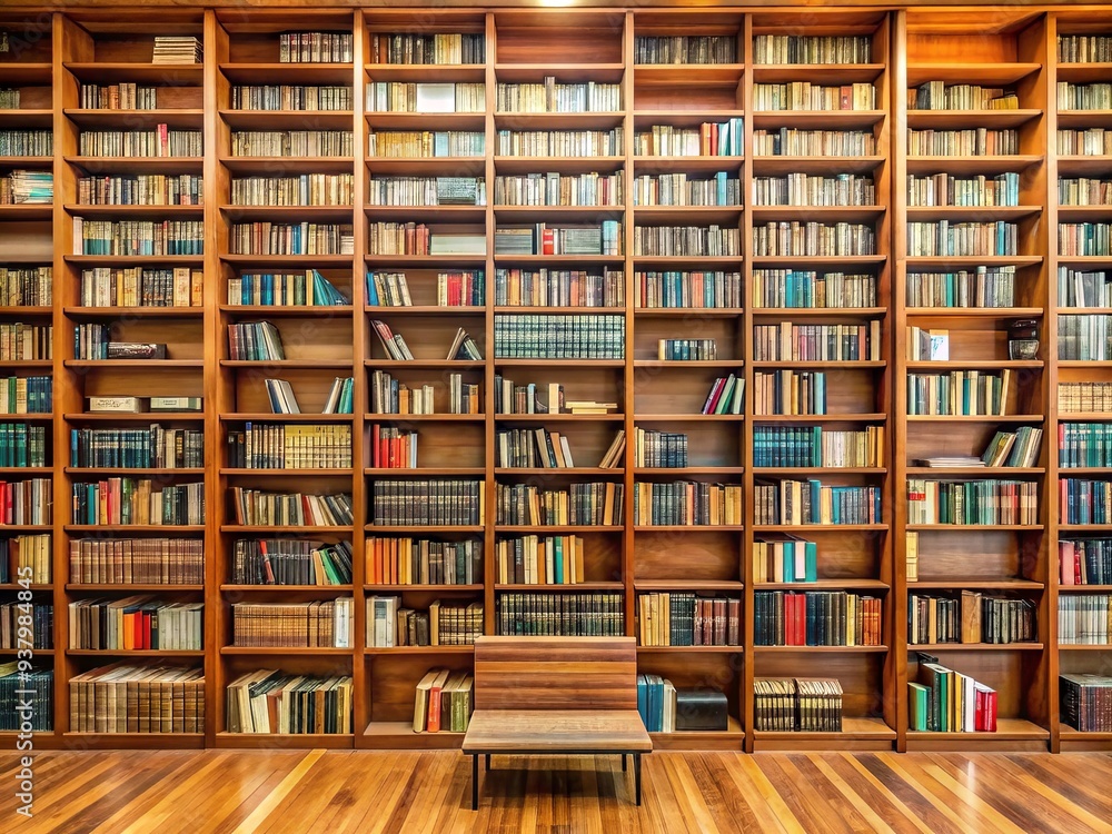 Neatly organized stacks of books on a wooden library bookshelf in Jakarta, Indonesia, create a serene and studious atmosphere against a background of shelves. Neatly organized stacks of books on a wooden library bookshelf in Jakarta, Indonesia, create a serene and studious atmosphere against a background of shelves.