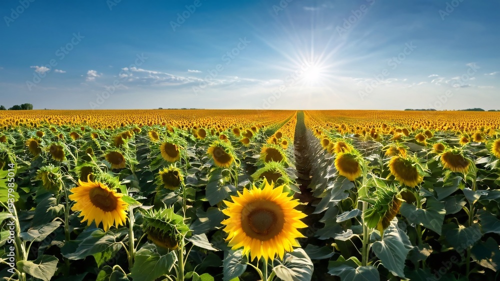 Fototapeta premium Field of Sunflowers Facing the Sun