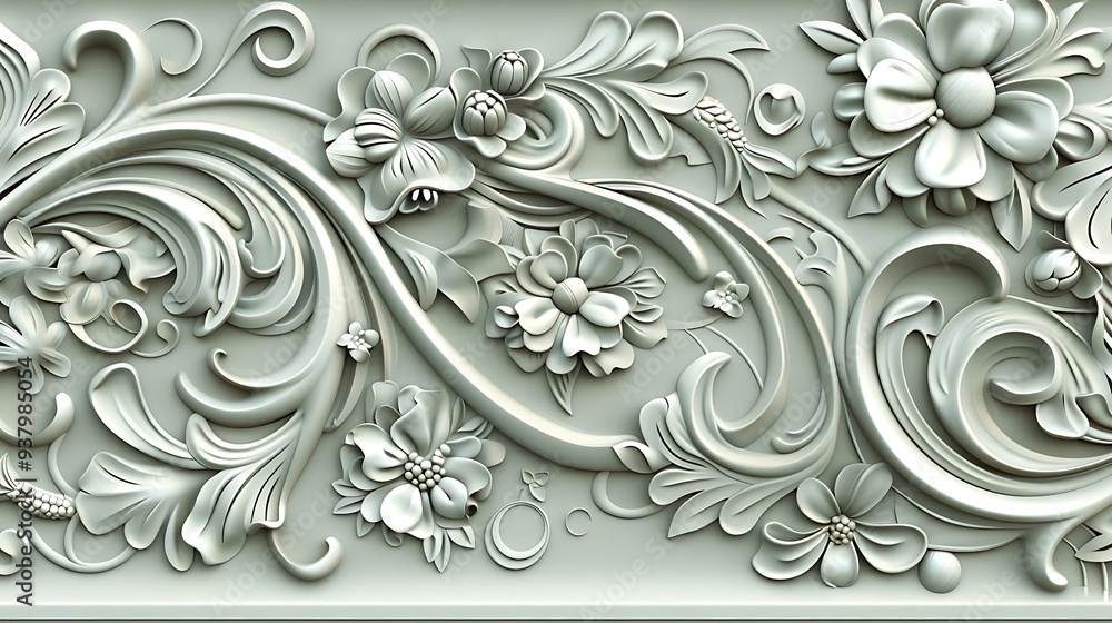Ornate floral relief design featuring intricate patterns and textures. Ornate floral relief design featuring intricate patterns and textures.