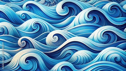 Abstract blue and white wavy pattern illustration with intricate swirling shapes, producing a mesmerizing and soothing visual effect reminiscent of ocean waves.