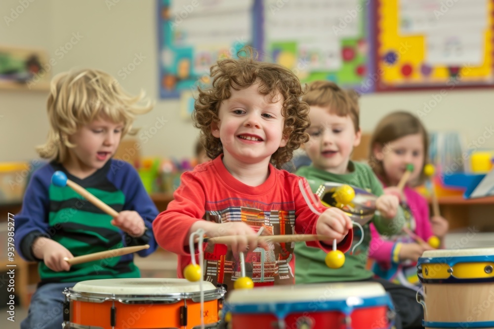 A group of preschool children are playing music in their classroom. They are smiling and having fun as they learn to play different instruments. A group of preschool children are playing music in their classroom. They are smiling and having fun as they learn to play different instruments.