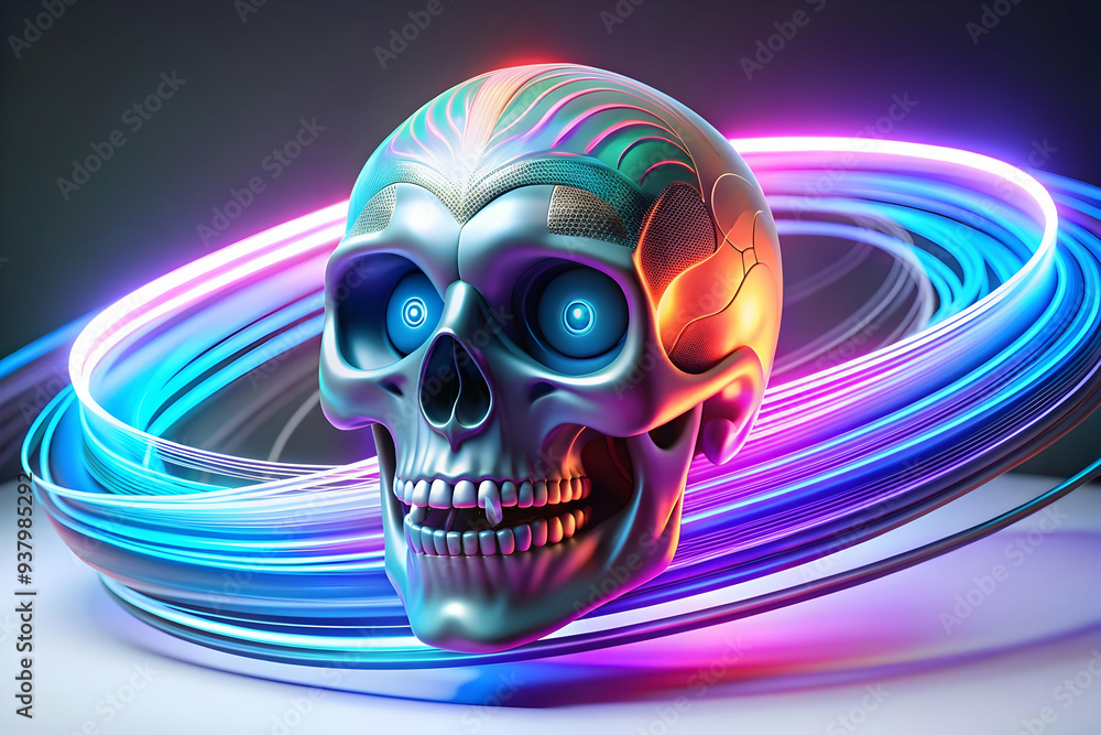 Glowing Calavera Skull in Abstract Digital Light concept as A vibrant digital artwork featuring a glowing calavera skull surrounded by swirling neon lights and abstract patterns representing the spiri Glowing Calavera Skull in Abstract Digital Light concept as A vibrant digital artwork featuring a glowing calavera skull surrounded by swirling neon lights and abstract patterns representing the spiri