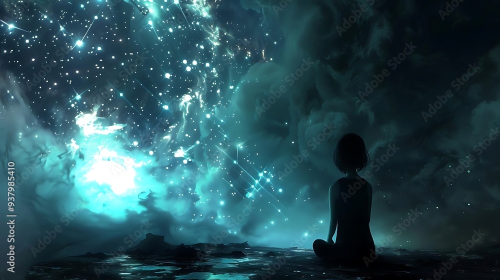 A serene figure sits in contemplation, surrounded by a cosmic landscape filled with stars and swirling clouds. A serene figure sits in contemplation, surrounded by a cosmic landscape filled with stars and swirling clouds.