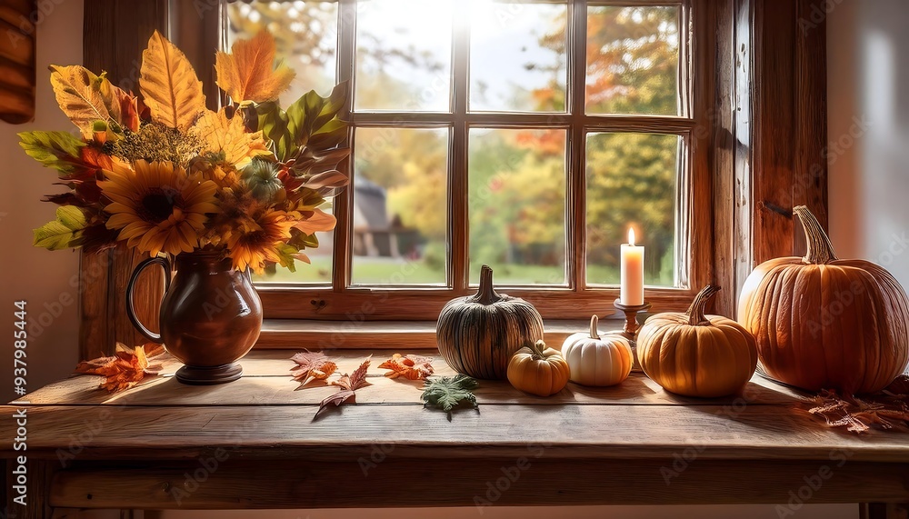 Cozy Rustic Autumn Decor - A close-up of an old wooden table on a windowsill with a pumpkins, leaves in a charming old sunny house. Graphic art illustration Cozy Rustic Autumn Decor - A close-up of an old wooden table on a windowsill with a pumpkins, leaves in a charming old sunny house. Graphic art illustration