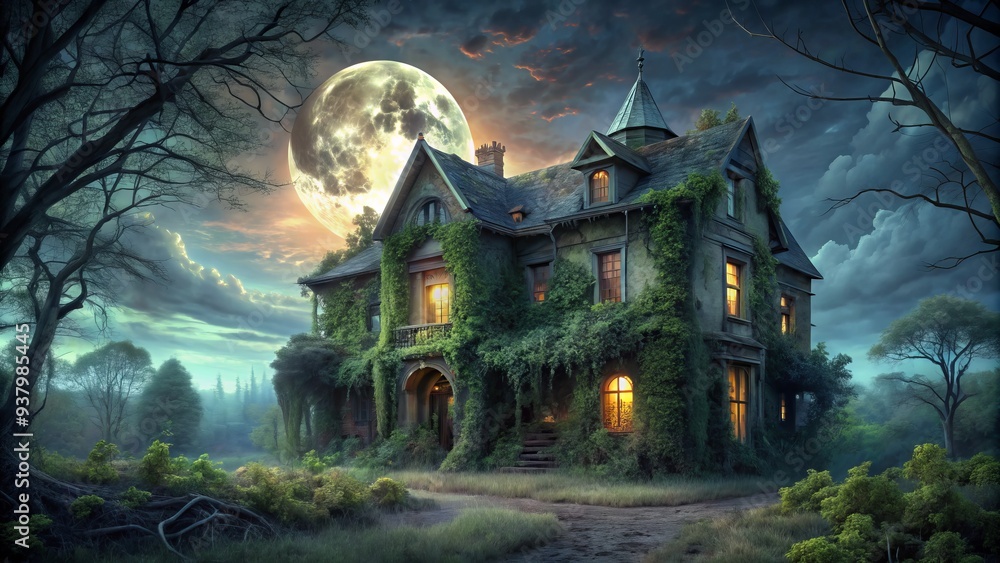Ominous abandoned mansion at dusk, overgrown with vines, surrounded by twisted trees, and illuminated by an eerie, glowing full moon in a dark sky. Ominous abandoned mansion at dusk, overgrown with vines, surrounded by twisted trees, and illuminated by an eerie, glowing full moon in a dark sky.