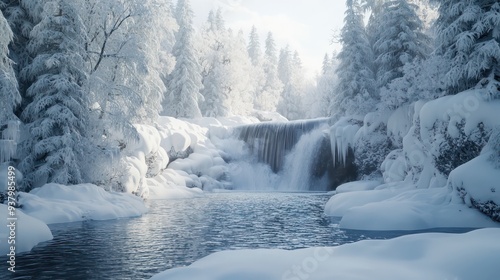 Fototapeta Naklejka Na Ścianę i Meble -  A snowy landscape with a frozen waterfall and a river. The scene is peaceful and serene, with the snow covering the trees and the water. Concept of calm and tranquility
