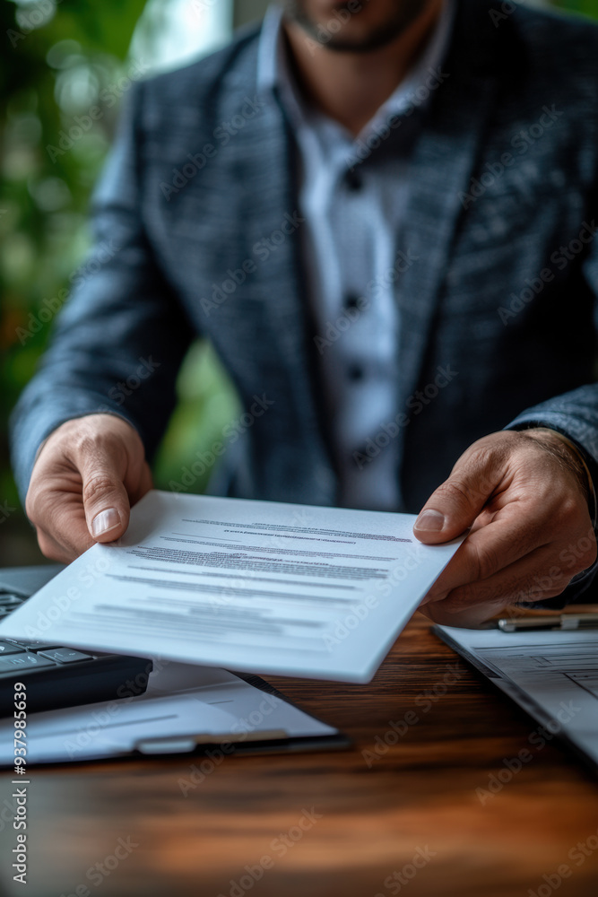 A businessman hands over a document during a meeting, showcasing professionalism and corporate engagement in a modern office setting. A businessman hands over a document during a meeting, showcasing professionalism and corporate engagement in a modern office setting.