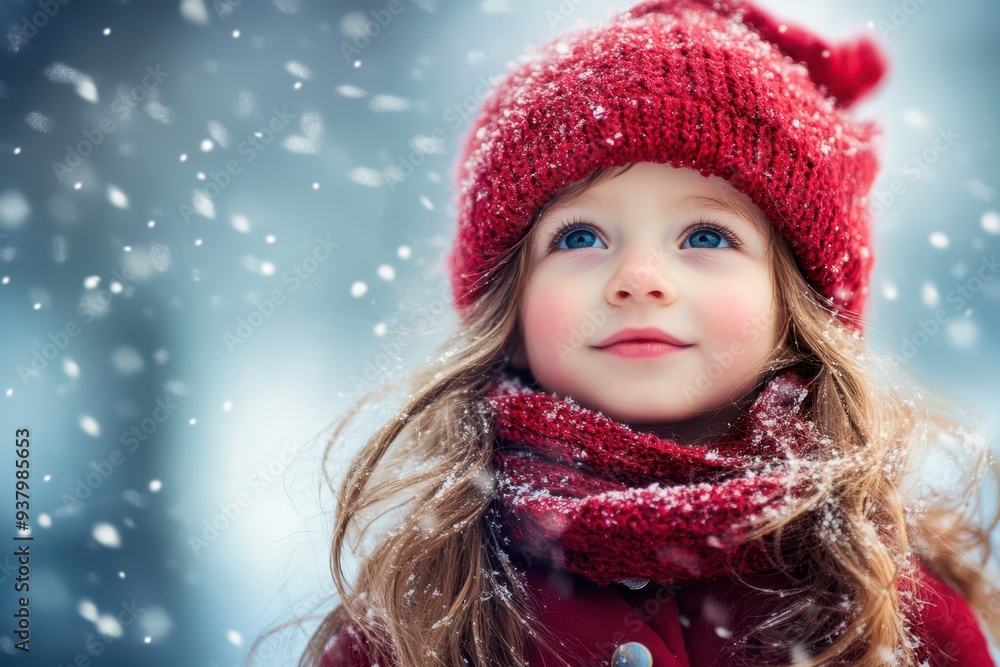 a little girl in a red hat and coat is standing in the snow a little girl in a red hat and coat is standing in the snow