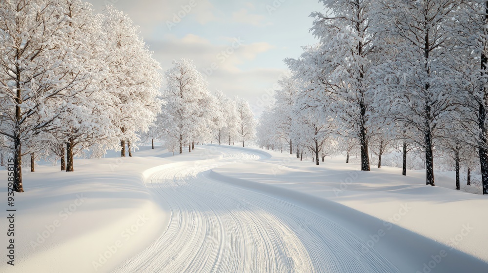 A snowy road with trees in the background. The snow is white and the trees are bare A snowy road with trees in the background. The snow is white and the trees are bare