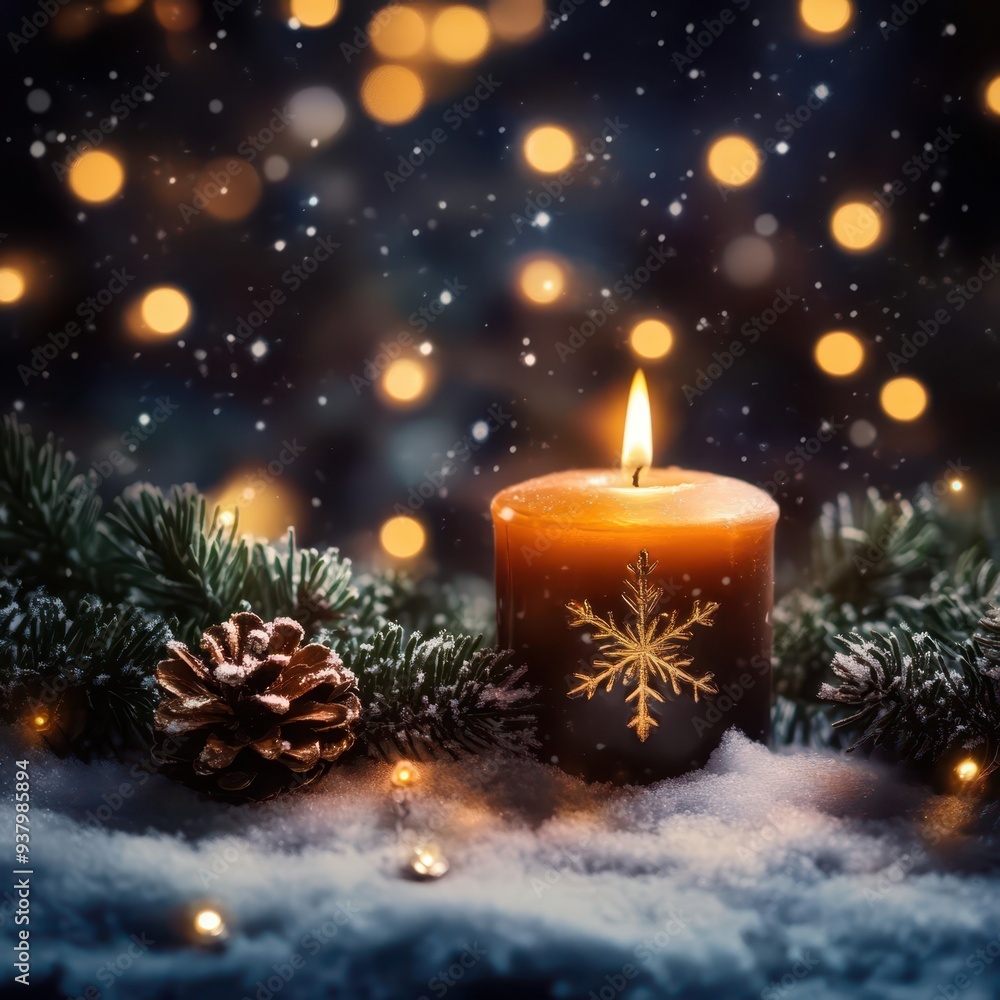 christmas candle with snow and christmas lights christmas candle with snow and christmas lights