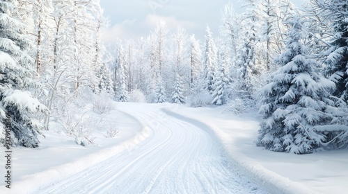 A snowy road with trees in the background. The road is empty and quiet. The snow is deep and the trees are bare