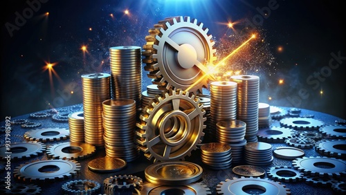 Abstract financial concept with 3D coins and blocks forming a creative design, surrounded by gears, cogs, and futuristic tech elements on a dark background.