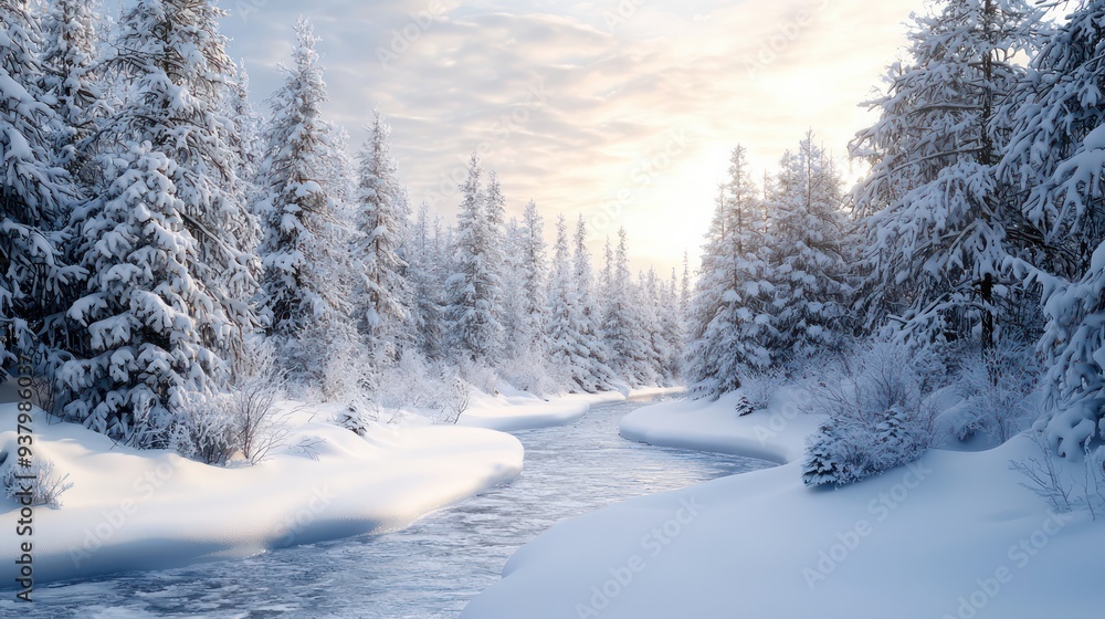 A snowy forest with a river running through it. The trees are bare and covered in snow. The sky is cloudy and the sun is setting A snowy forest with a river running through it. The trees are bare and covered in snow. The sky is cloudy and the sun is setting