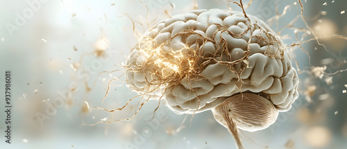 3D illustration of a human brain with tangled neural