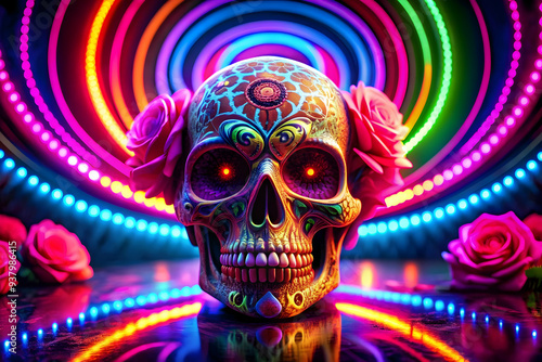 Glowing Calavera with Neon Rose in Digital Space concept as A digital artwork featuring a glowing calavera with a neon rose set against an abstract background with swirling patterns representing the f