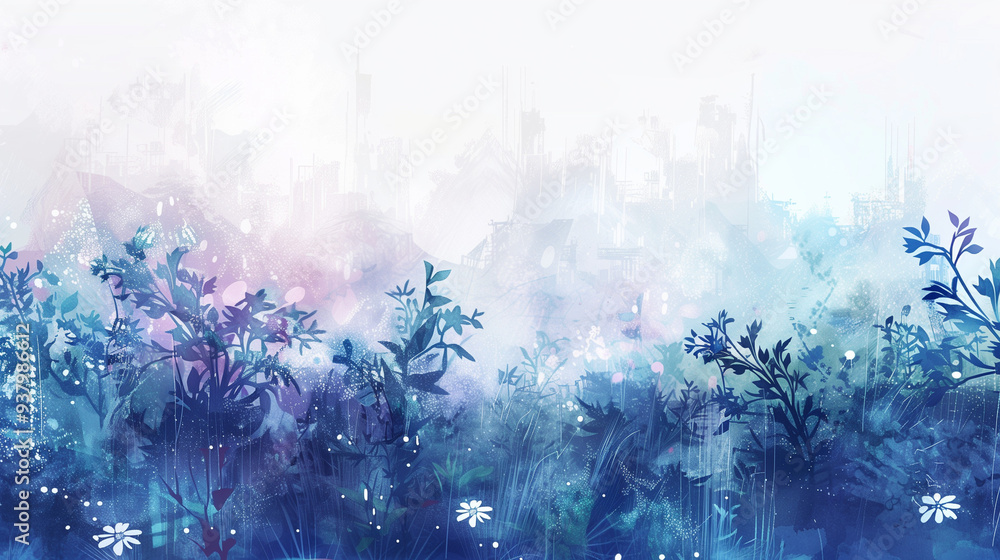 Fototapeta premium Abstract landscape with blue and purple tones, featuring plants in the foreground and a faint urban skyline in the background