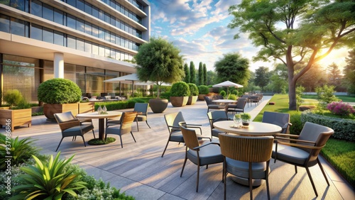 Outdoor seating area with modern chairs and dining table surrounded by lush greenery and a vast parking lot, with a hotel building in the distance. photo