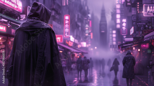 Mysterious hooded figure in a neon-lit, rainy futuristic city with blurred pedestrians and misty atmosphere