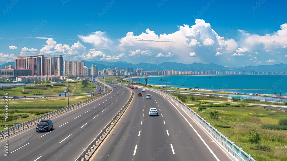 Fototapeta premium Modern highway leading to a coastal city skyline with mountains and a bright blue sky
