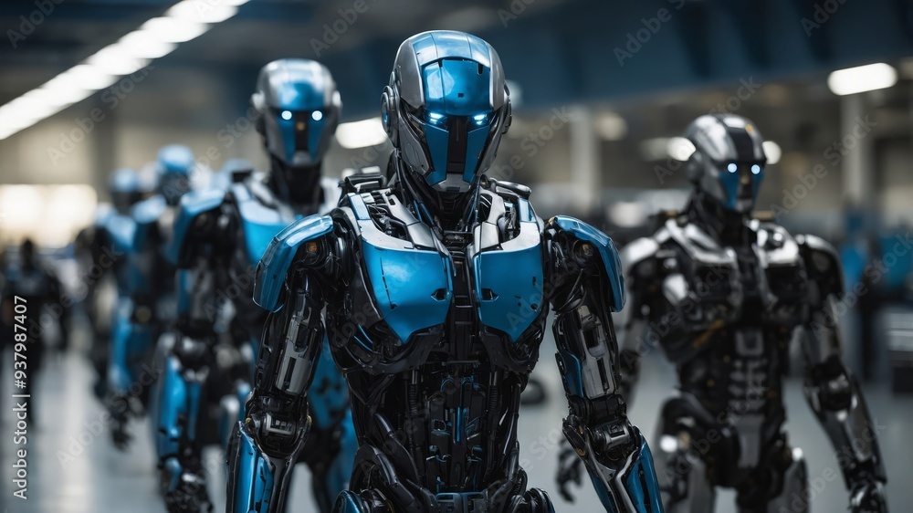 Army of blue, gray and black robots standing in a row in a hangar interior Dangerous futuristic technology innovation, metal cyborg military project. Army of blue, gray and black robots standing in a row in a hangar interior Dangerous futuristic technology innovation, metal cyborg military project.