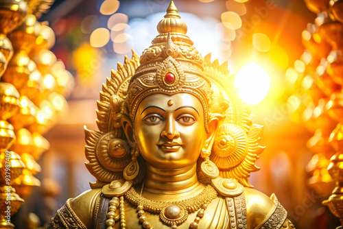 Glowing Deity Statue concept as Mid shot of a deity statue glowing in a soft golden light inside a temple with a glossy finish on the statue enhancing the divine and serene atmosphere perfect for Duss photo