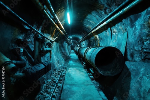 a dark tunnel with pipes and lights photo