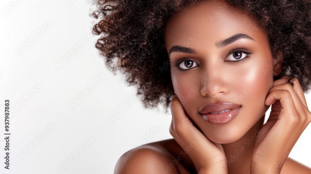 Beautiful model posing for makeup products on solid white background
