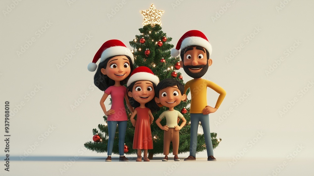 3d cartoon happy family in santa hats near christmas tree | 3d cartoon christmas celebration | family christmas | Father Mother and Kids celebrating christmas 3d cartoon happy family in santa hats near christmas tree | 3d cartoon christmas celebration | family christmas | Father Mother and Kids celebrating christmas