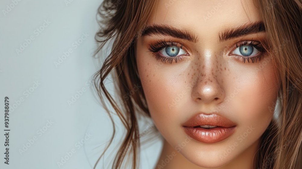 Beautiful model posing for makeup products on solid white background Beautiful model posing for makeup products on solid white background