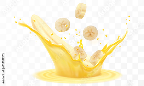 Fresh ripe banana falls into a splash of juice, isolated .on white background. Realistic 3d vector illustration. Summer tropical vitamin food or drink. Banana smoothie splash, vitamin cocktail
